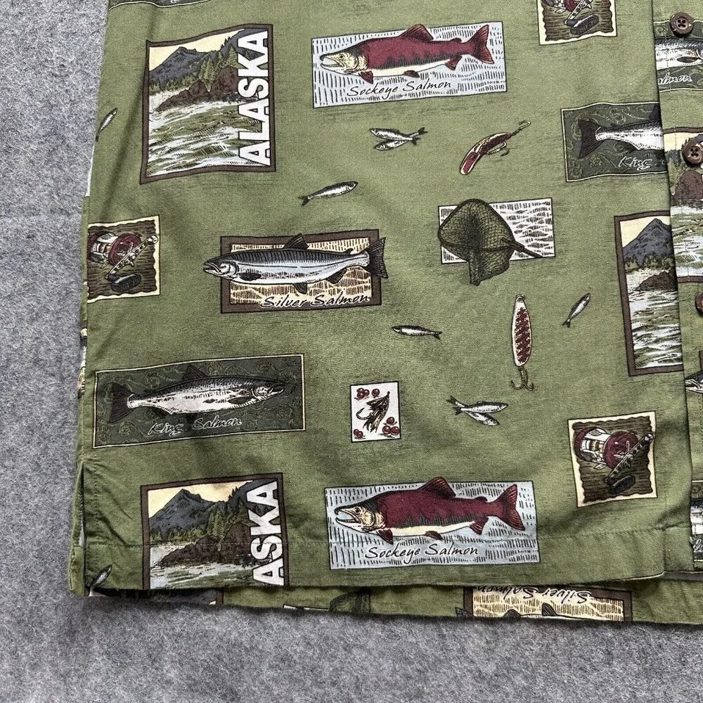 David Carey Camp Shirt Men 2XL Green Alaska Print Fish Graphic Short Sleeve - Picture 4 of 11